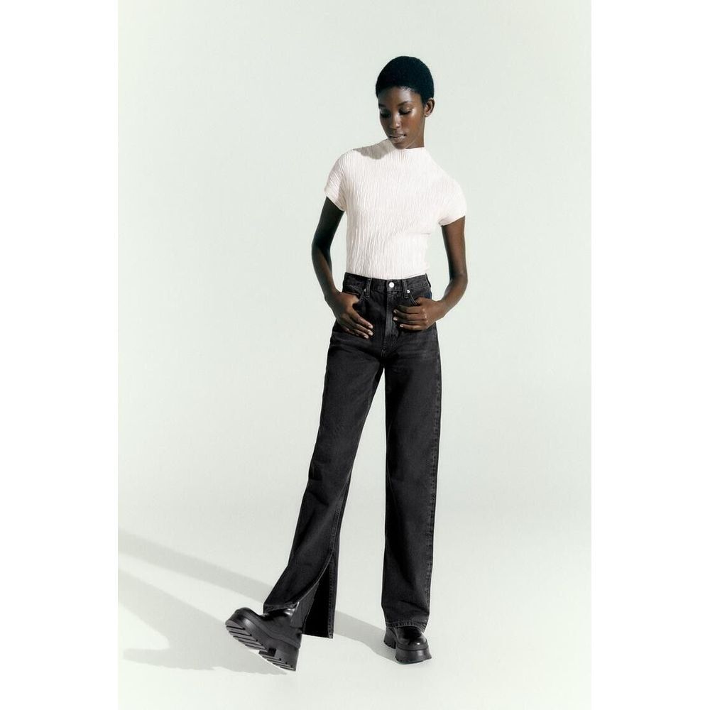 Zara High rise Wide leg Split Full length Jeans Women US 2 NWT Cotton Pockets - Picture 9 of 11